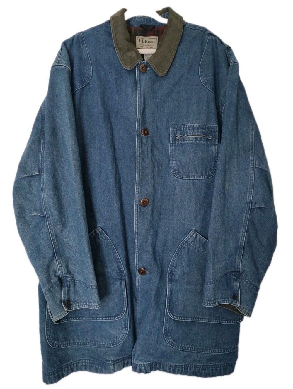 LL L.L Bean Denim Chore Barn Coat Blue Jacket Olive Green Corduroy XXL T Pockets
